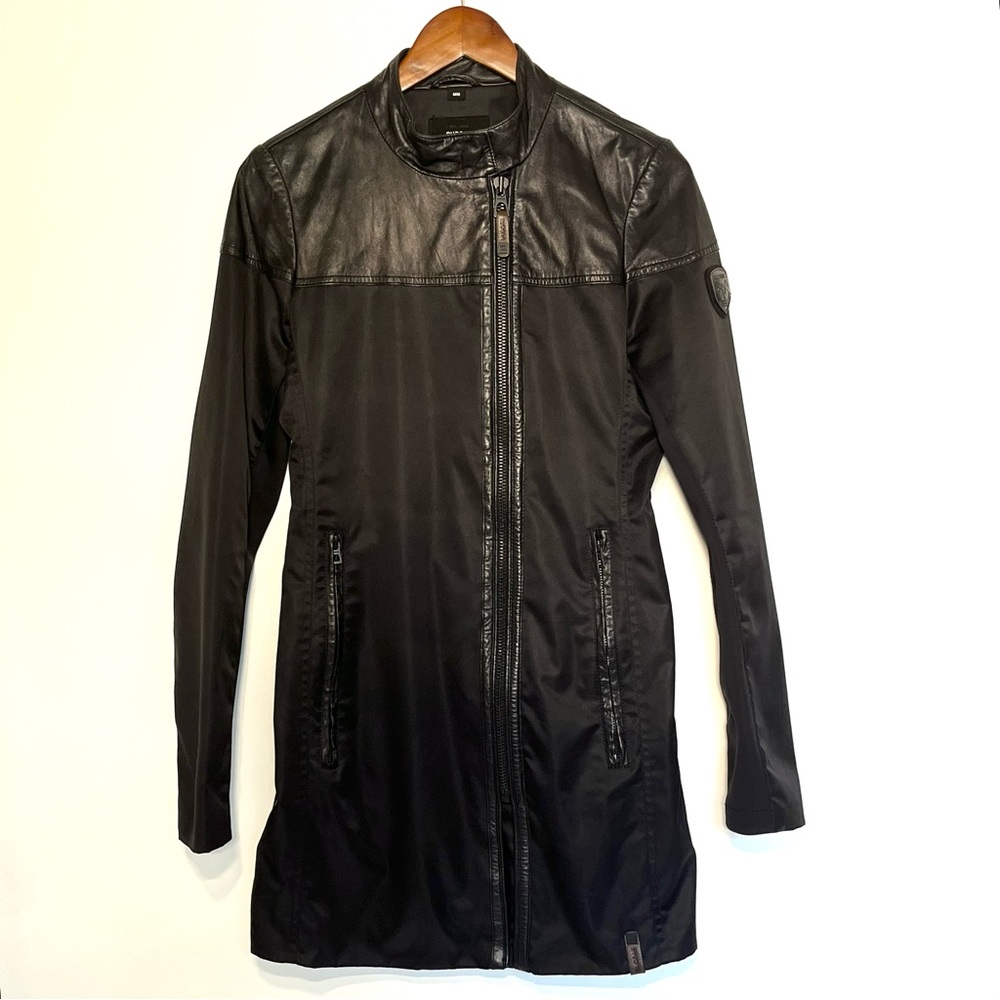 Rudsak Lourdes jacket coat trench coat black leather trim pockets full zip med